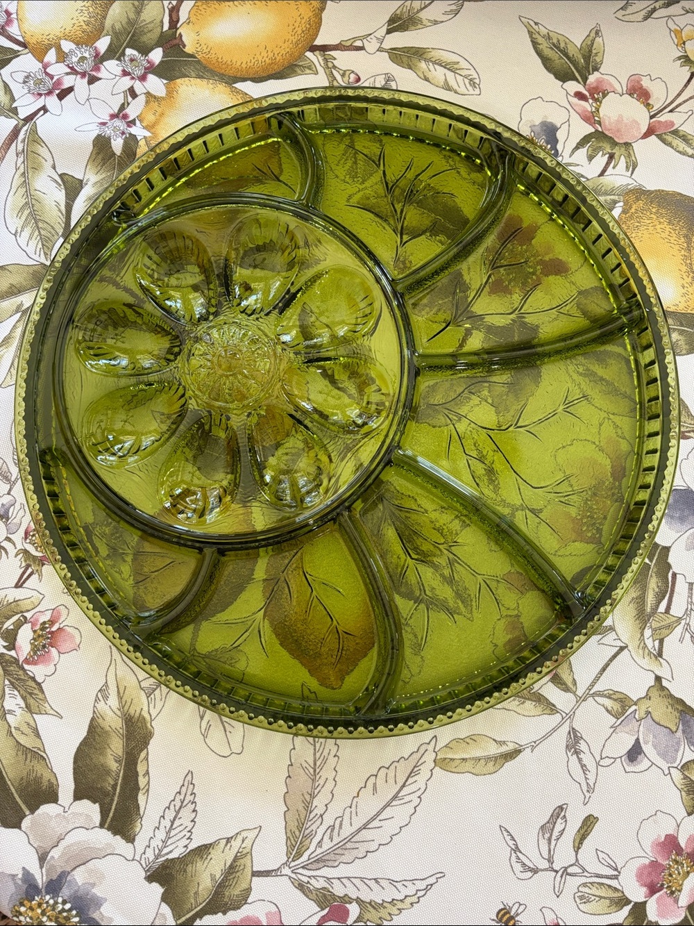 MCM Avocado Green Indiana Glass Divided Serving Platter with Egg Tray